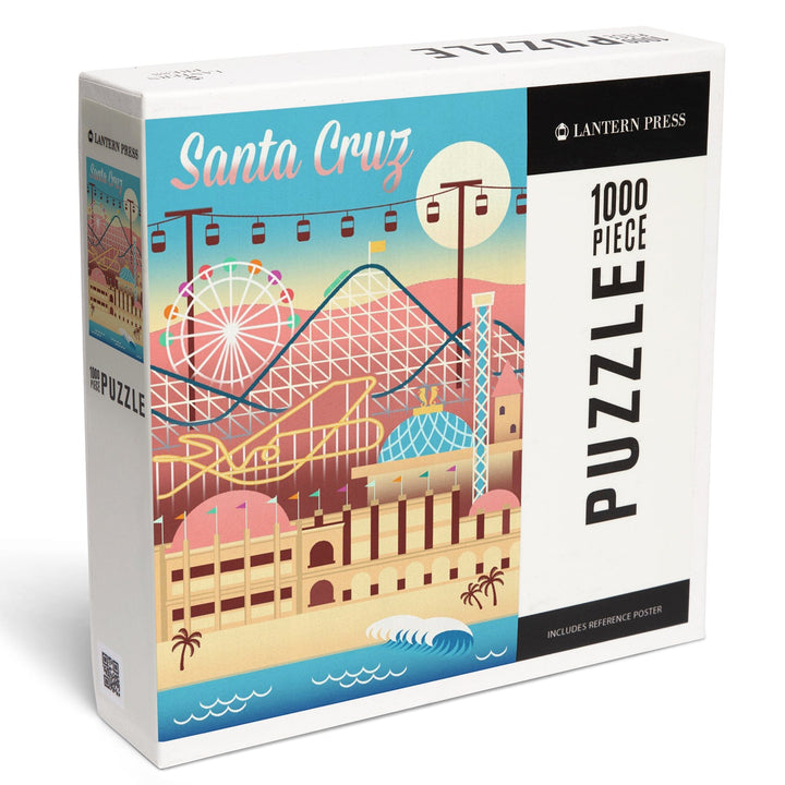 Santa Cruz, California, Retro Skyline, Beach Colors, Jigsaw Puzzle Puzzle Lantern Press 