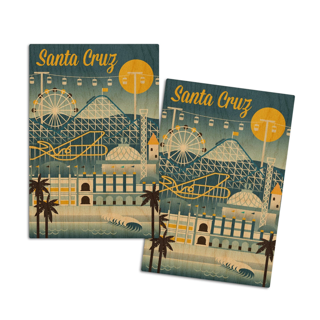 Santa Cruz, California, Retro Skyline Classsic Series, Lantern Press Artwork, Wood Signs and Postcards Wood Lantern Press 4x6 Wood Postcard Set 