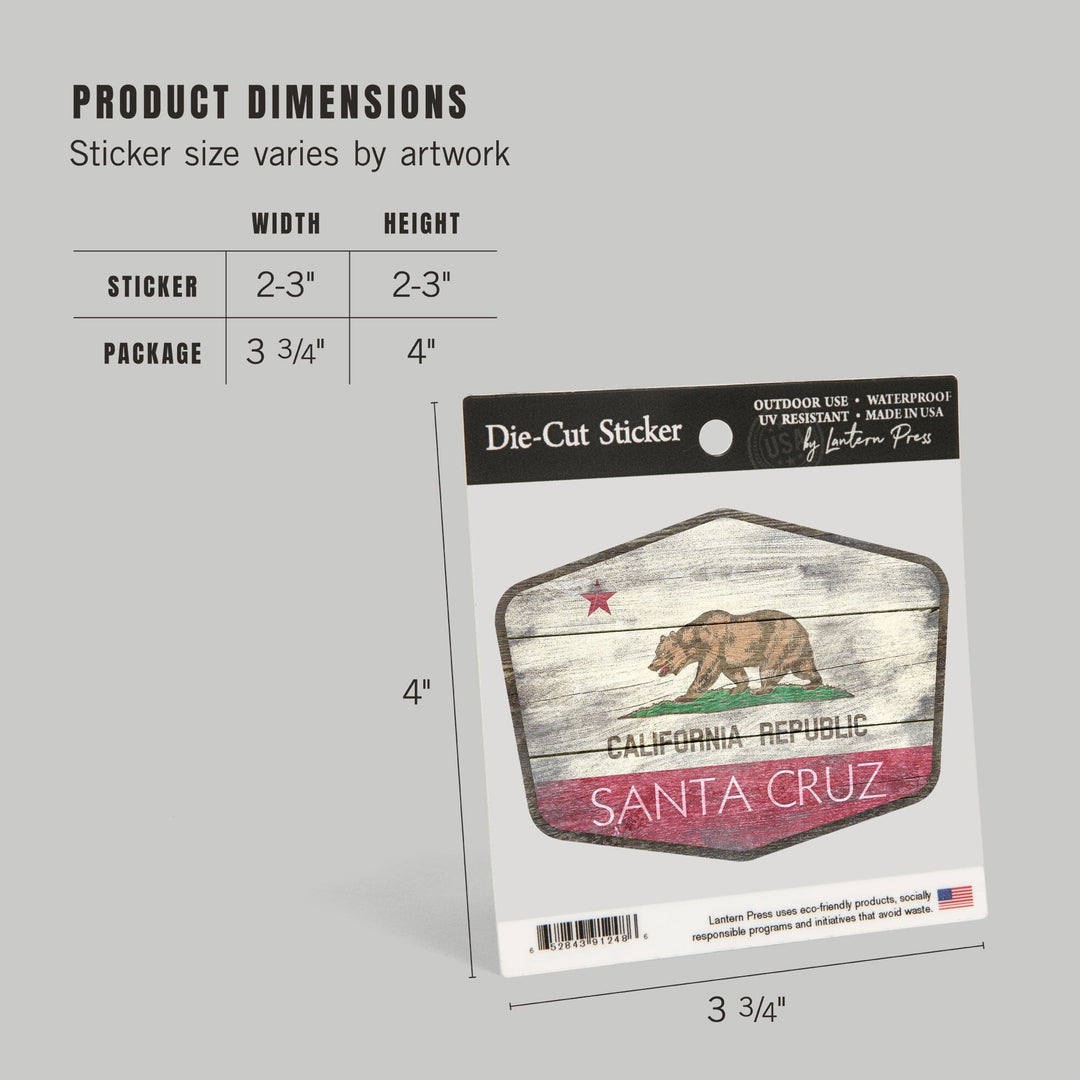 Santa Cruz, California, Rustic California State Flag, Contour, Lantern Press Artwork, Vinyl Sticker Sticker Lantern Press 