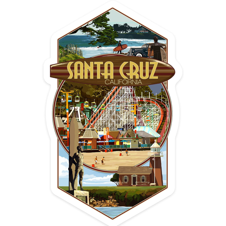 Santa Cruz, California, Scenes Montage, Contour, Lantern Press Artwork, Vinyl Sticker Sticker Lantern Press 