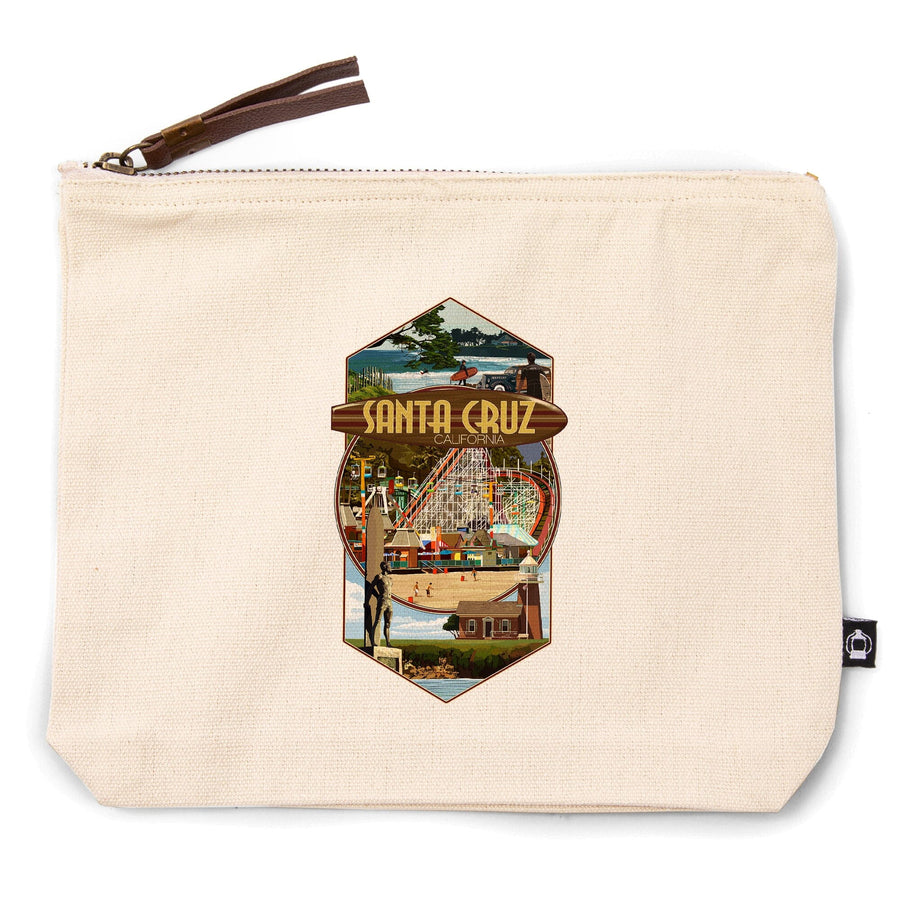 Santa Cruz, California, Scenes Montage,, Organic Cotton Zipper Pouch, Go Bag Go Bag Lantern Press 