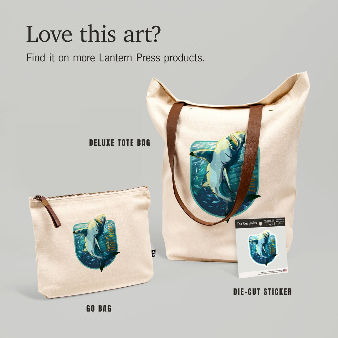 Santa Cruz, California, Stylized Great White Shark,, Organic Cotton Zipper Pouch, Go Bag Go Bag Lantern Press 