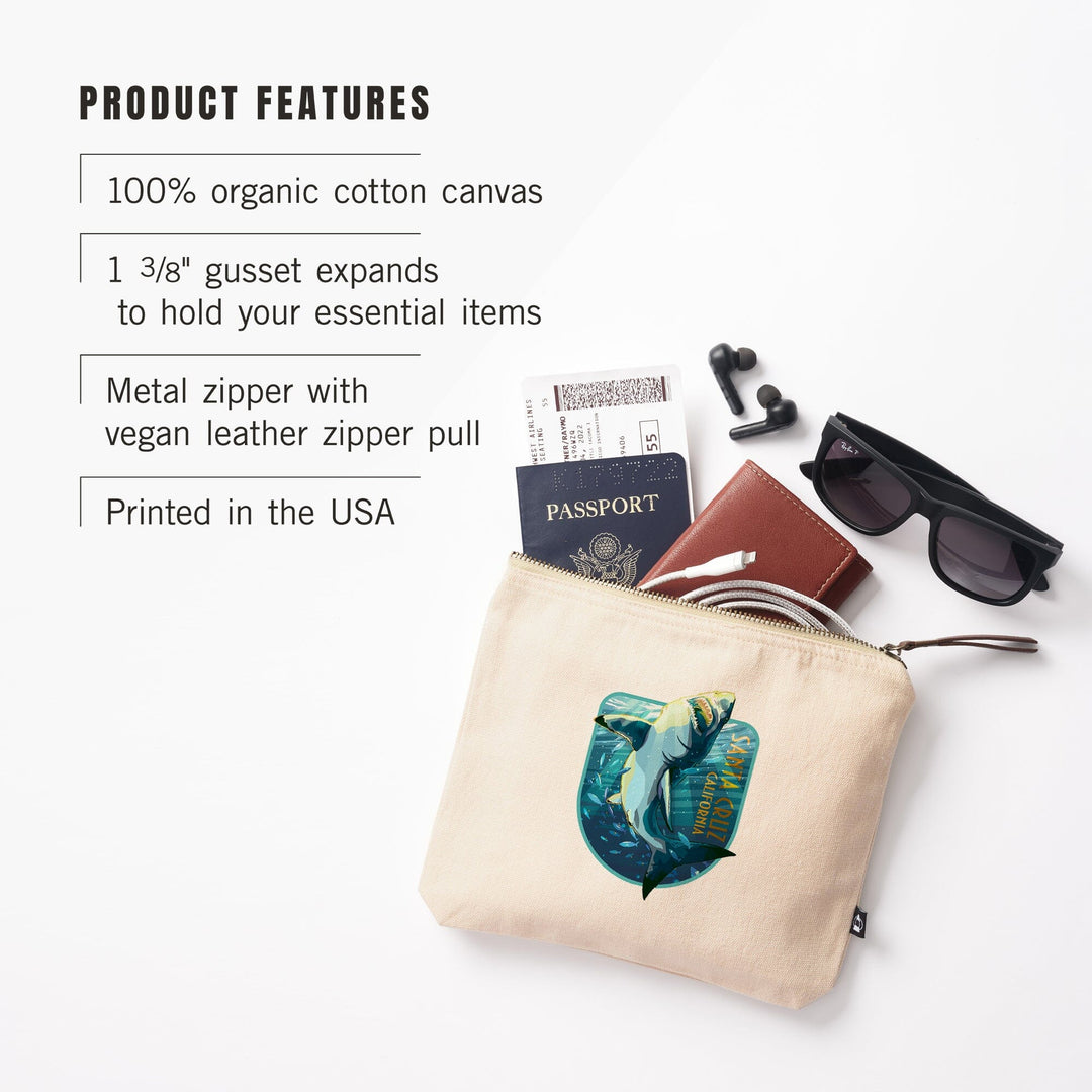 Santa Cruz, California, Stylized Great White Shark,, Organic Cotton Zipper Pouch, Go Bag Go Bag Lantern Press 