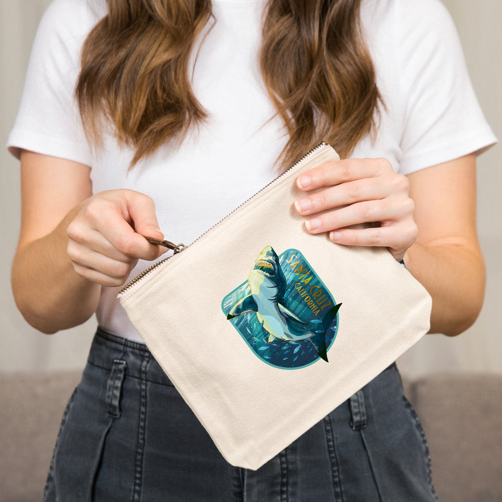 Santa Cruz, California, Stylized Great White Shark,, Organic Cotton Zipper Pouch, Go Bag Go Bag Lantern Press 