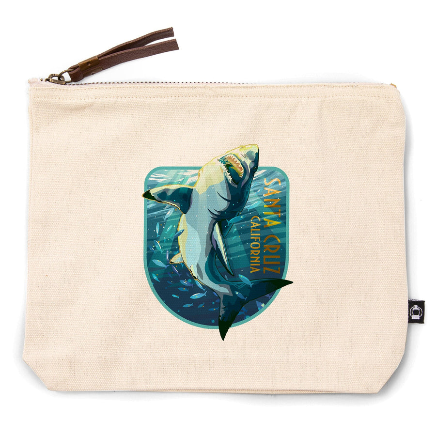 Santa Cruz, California, Stylized Great White Shark,, Organic Cotton Zipper Pouch, Go Bag Go Bag Lantern Press 