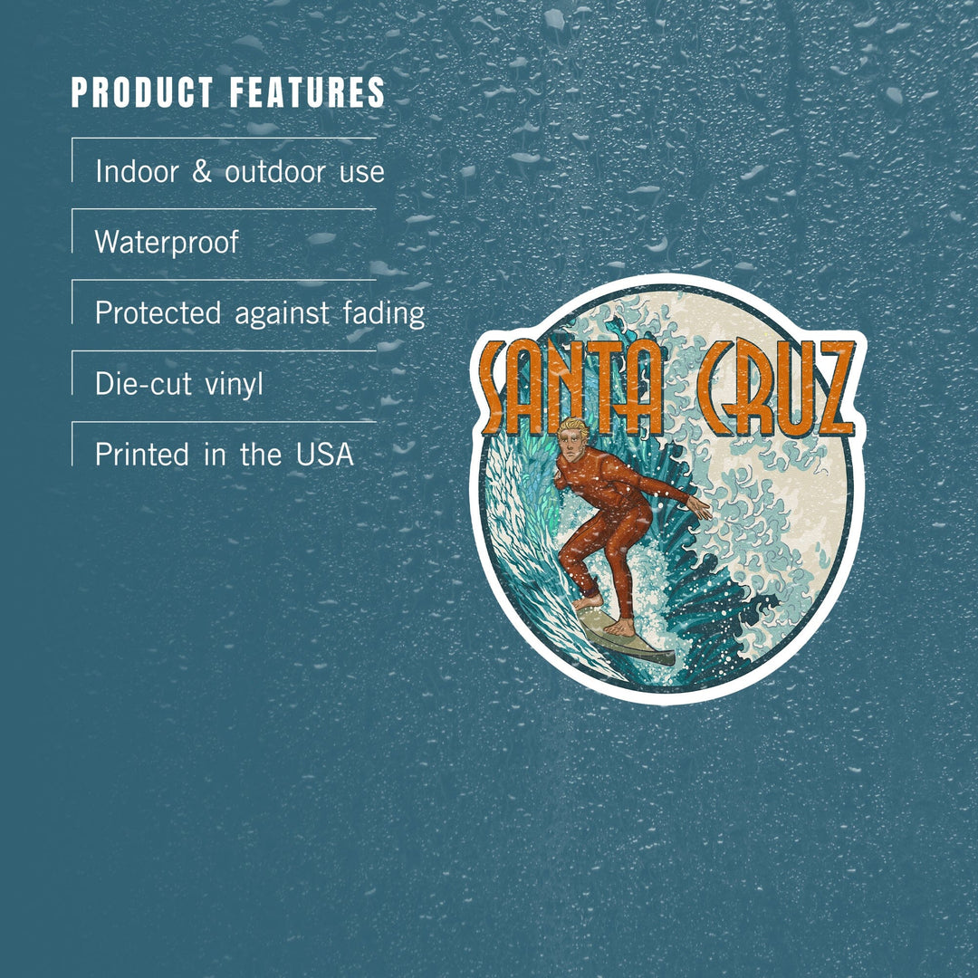 Santa Cruz, California, Stylized Surfer, Contour, Lantern Press Artwork, Vinyl Sticker Sticker Lantern Press 