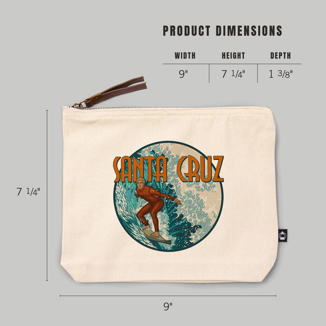 Santa Cruz, California, Stylized Surfer,, Organic Cotton Zipper Pouch, Go Bag Go Bag Lantern Press 