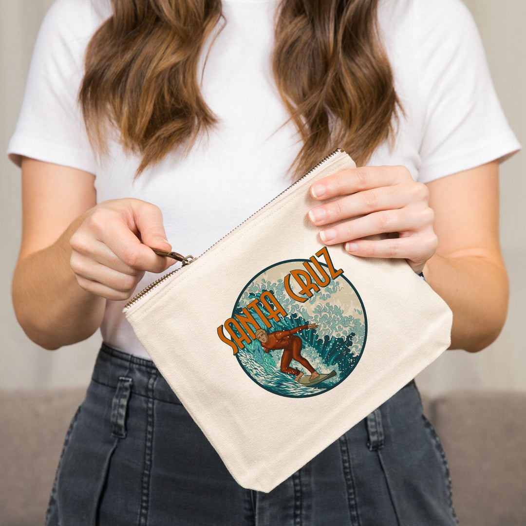 Santa Cruz, California, Stylized Surfer,, Organic Cotton Zipper Pouch, Go Bag Go Bag Lantern Press 