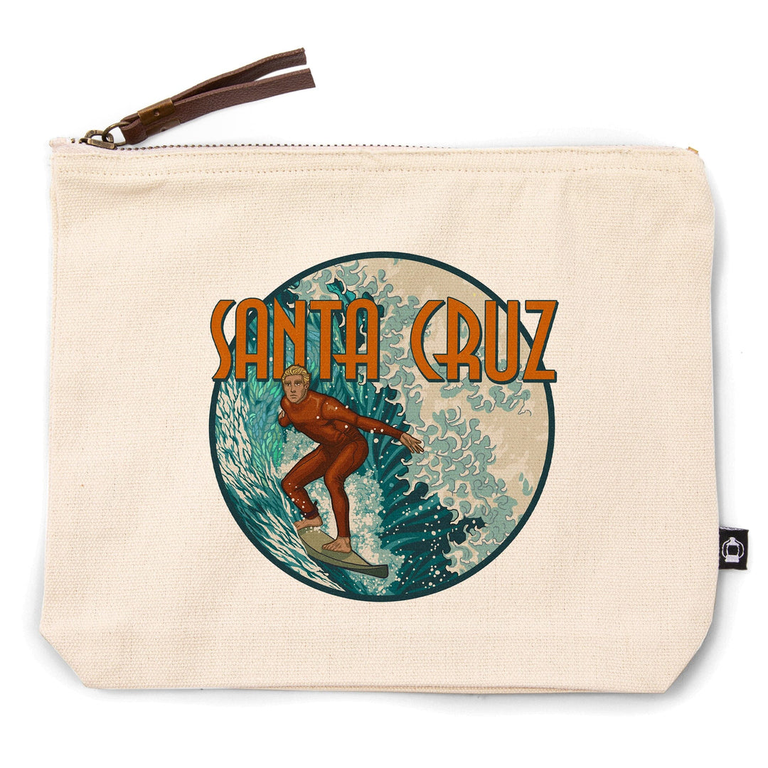 Santa Cruz, California, Stylized Surfer,, Organic Cotton Zipper Pouch, Go Bag Go Bag Lantern Press 