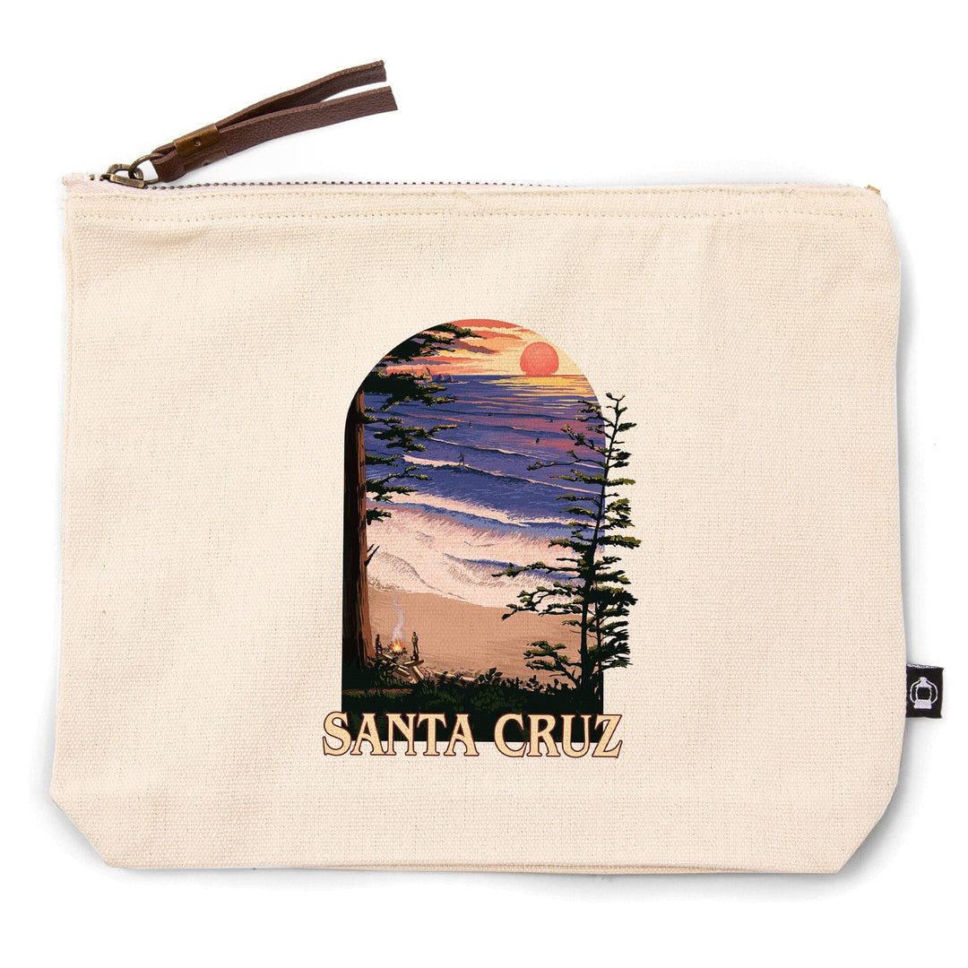 Santa Cruz, California, Sunset and Surfers,, Organic Cotton Zipper Pouch, Go Bag Go Bag Lantern Press 
