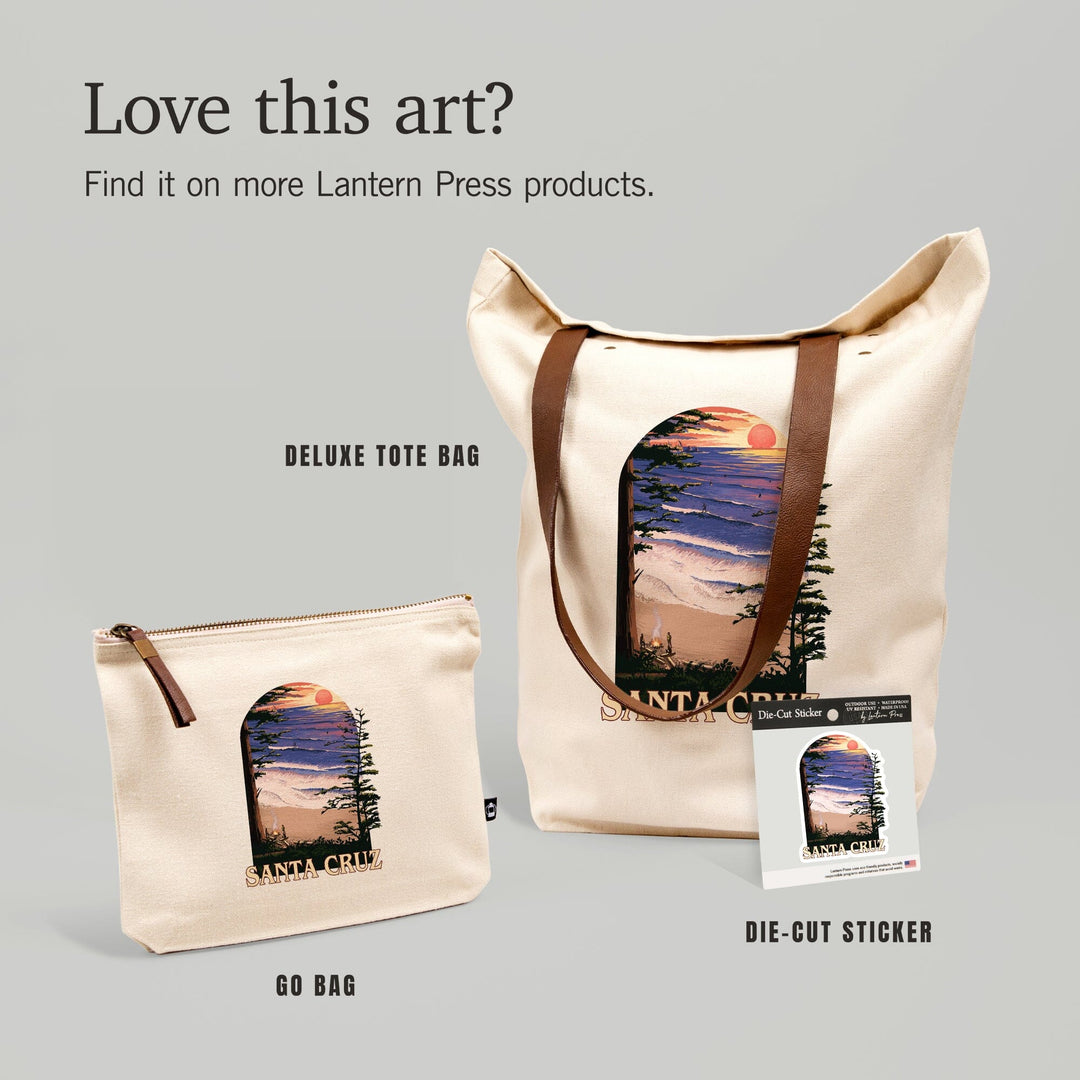 Santa Cruz, California, Sunset and Surfers,, Organic Cotton Zipper Pouch, Go Bag Go Bag Lantern Press 