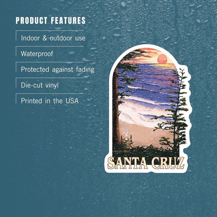 Santa Cruz, California, Sunset & Surfers, Contour, Lantern Press Artwork, Vinyl Sticker Sticker Lantern Press 