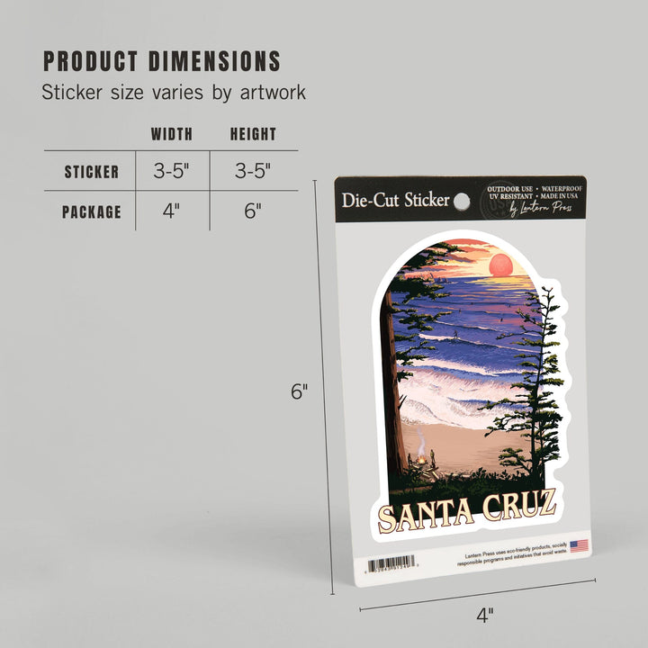 Santa Cruz, California, Sunset & Surfers, Contour, Lantern Press Artwork, Vinyl Sticker Sticker Lantern Press 