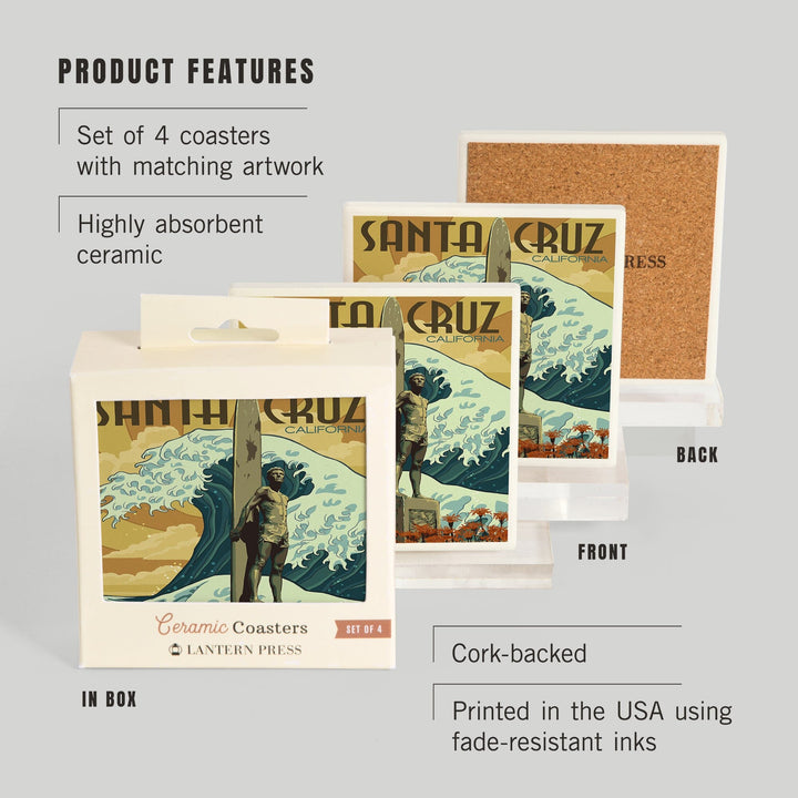 Santa Cruz, California, Surfer Statue, Coasters Coasters Lantern Press 