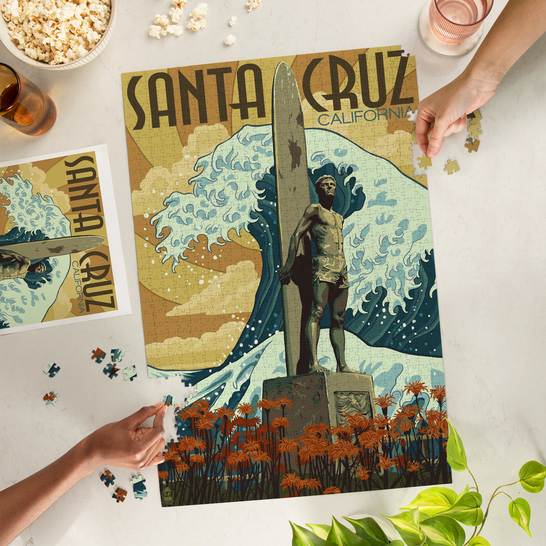Santa Cruz, California, Surfer Statue, Jigsaw Puzzle Puzzle Lantern Press 