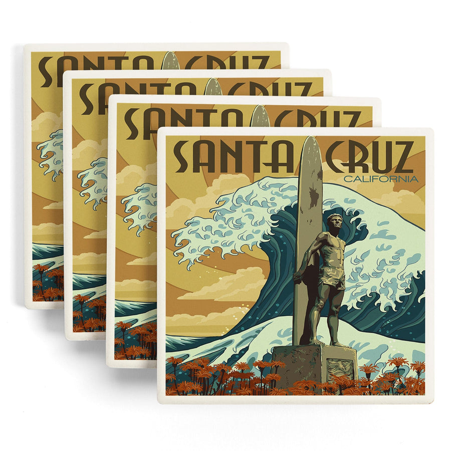 Santa Cruz, California, Surfer Statue, Lantern Press Artwork, Coaster Set Coasters Lantern Press 