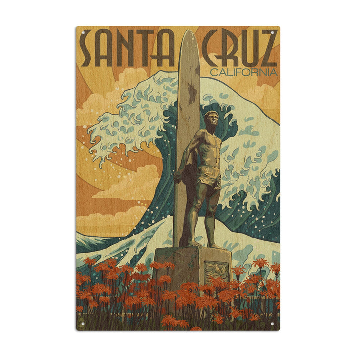 Santa Cruz, California, Surfer Statue, Lantern Press Artwork, Wood Signs and Postcards Wood Lantern Press 10 x 15 Wood Sign 