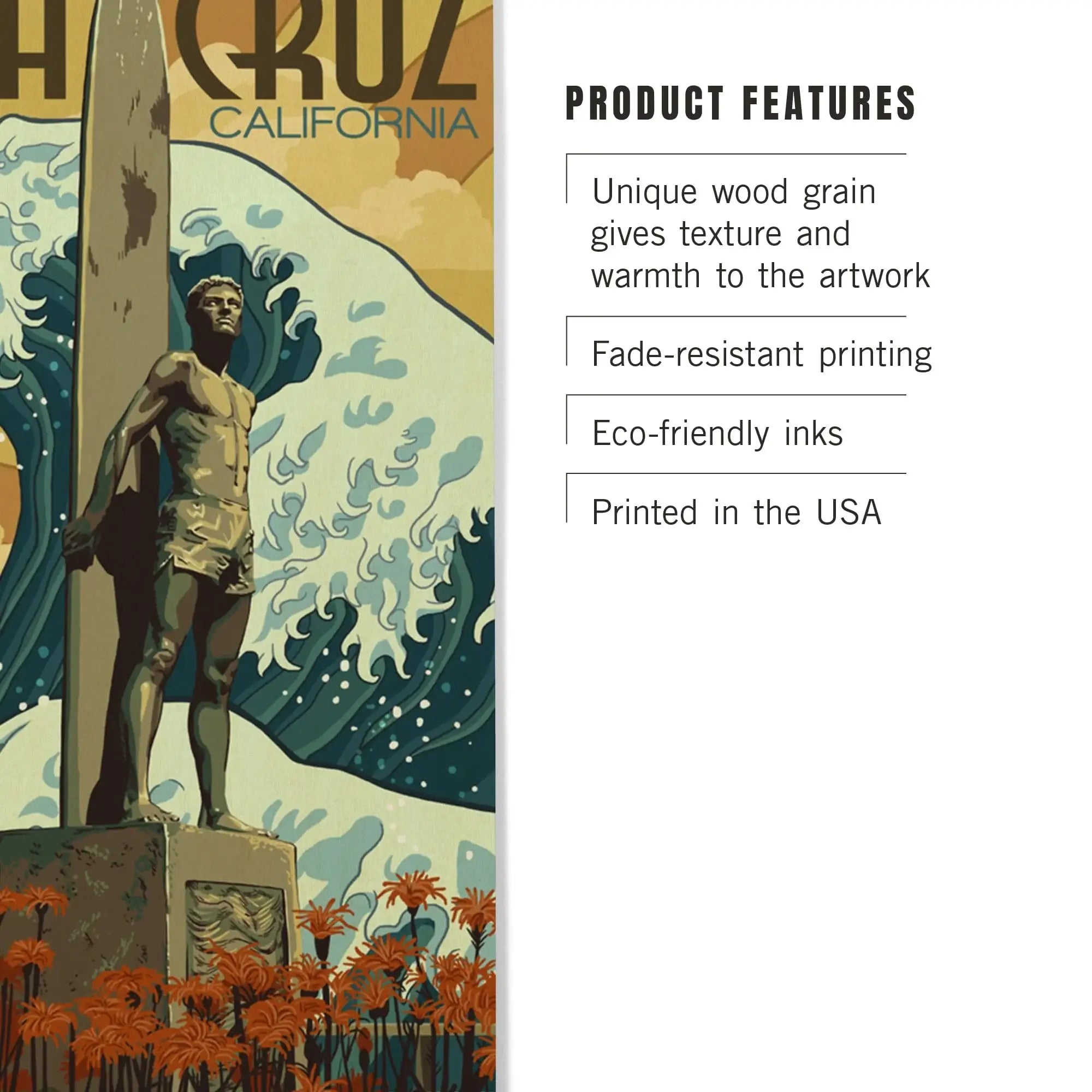 Santa Cruz, California, Surfer Statue, Lantern Press Artwork, Wood Sig