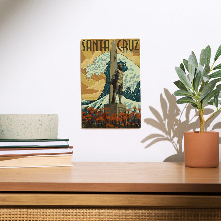 Santa Cruz, California, Surfer Statue, Lantern Press Artwork, Wood Signs and Postcards Wood Lantern Press 
