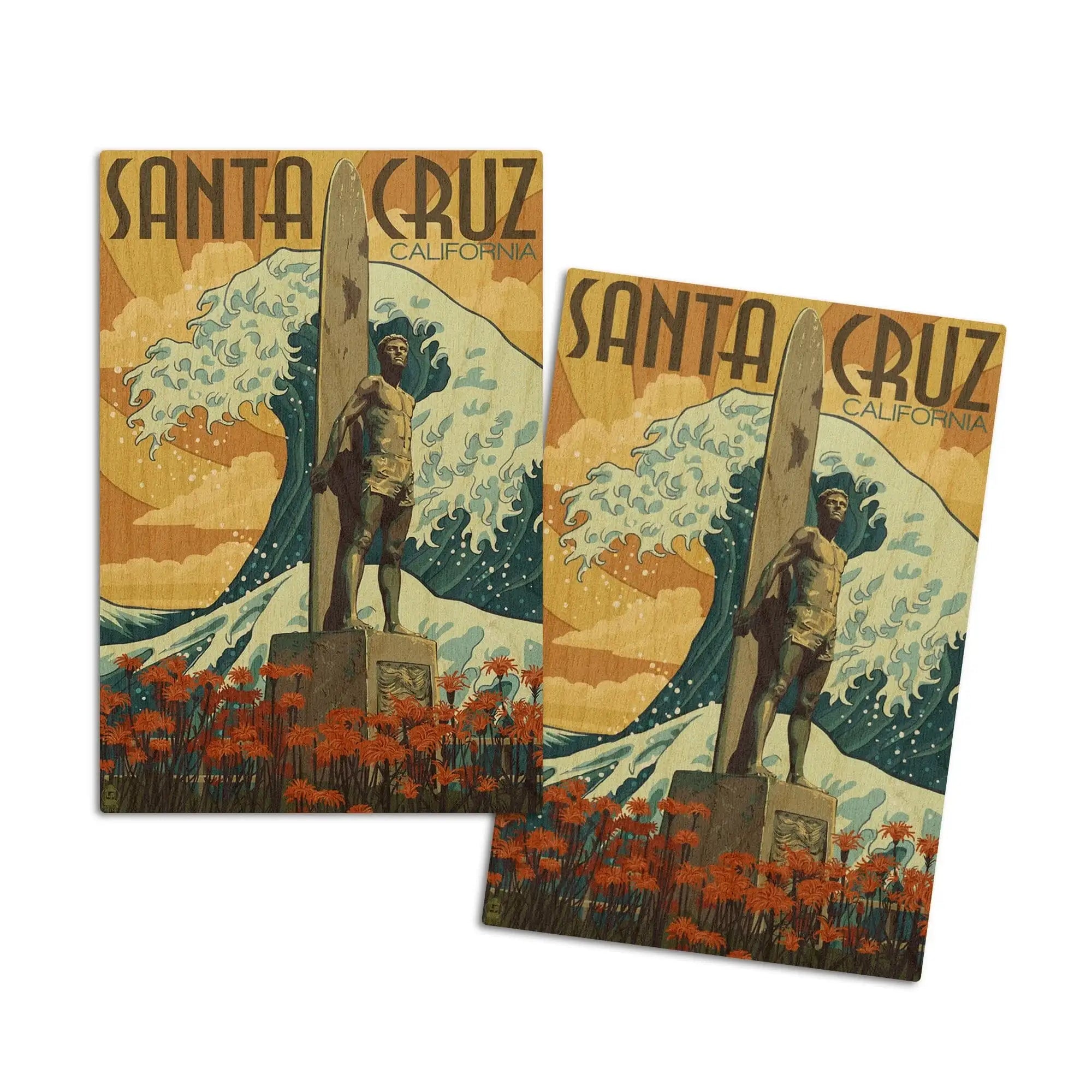 Santa Cruz, California, Surfer Statue, Lantern Press Artwork, Wood Sig