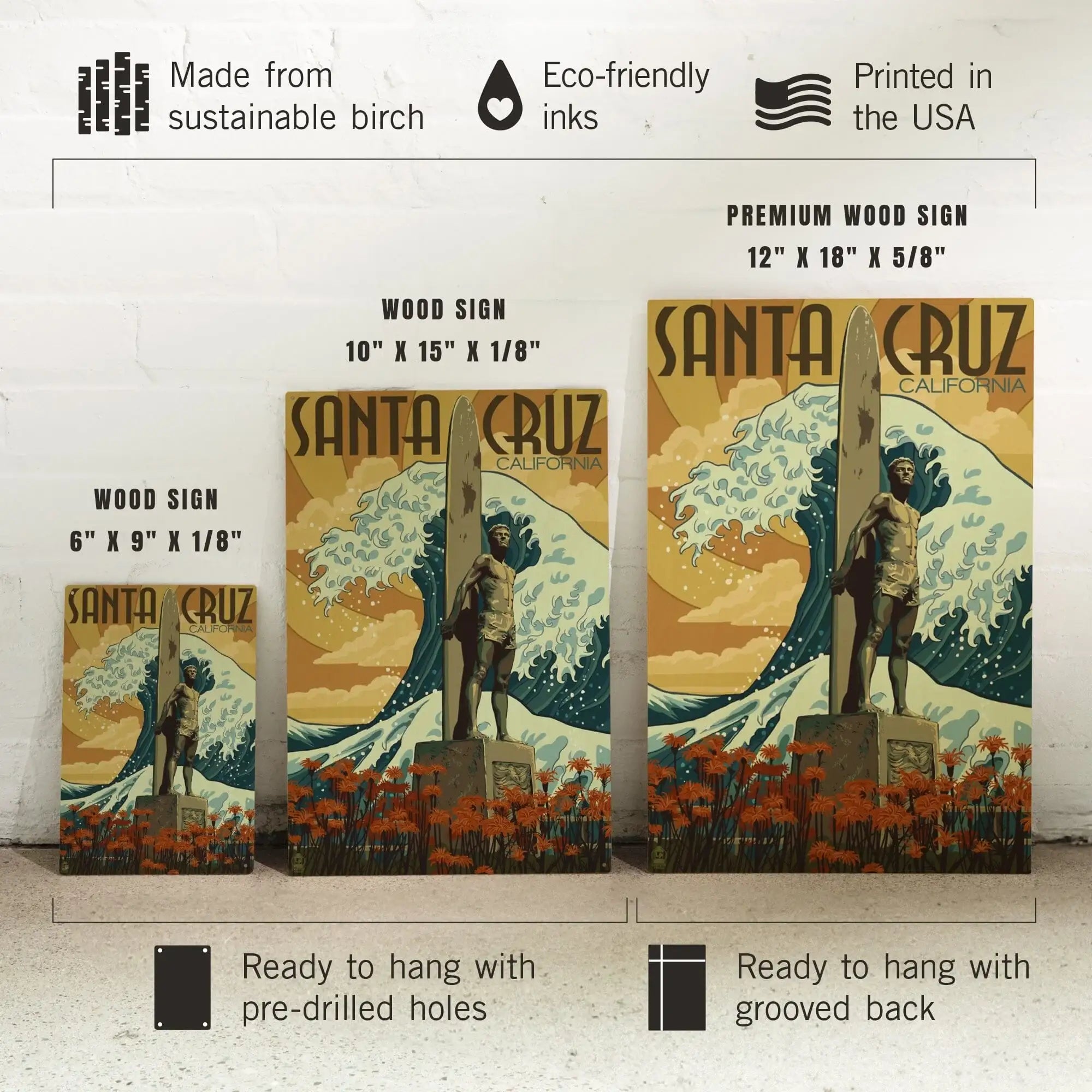 Santa Cruz, California, Surfer Statue, Lantern Press Artwork, Wood Sig