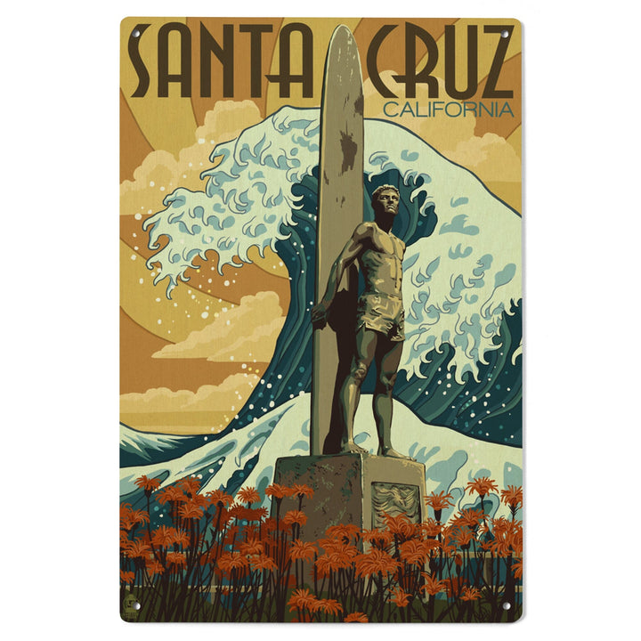Santa Cruz, California, Surfer Statue, Lantern Press Artwork, Wood Signs and Postcards Wood Lantern Press 