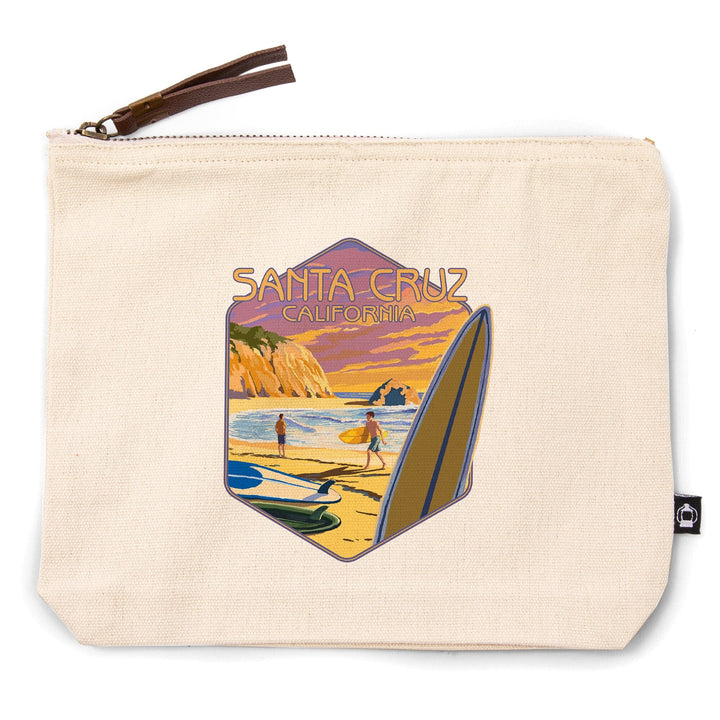 Santa Cruz, California, Surfers at Sunset,, Organic Cotton Zipper Pouch, Go Bag Go Bag Lantern Press 