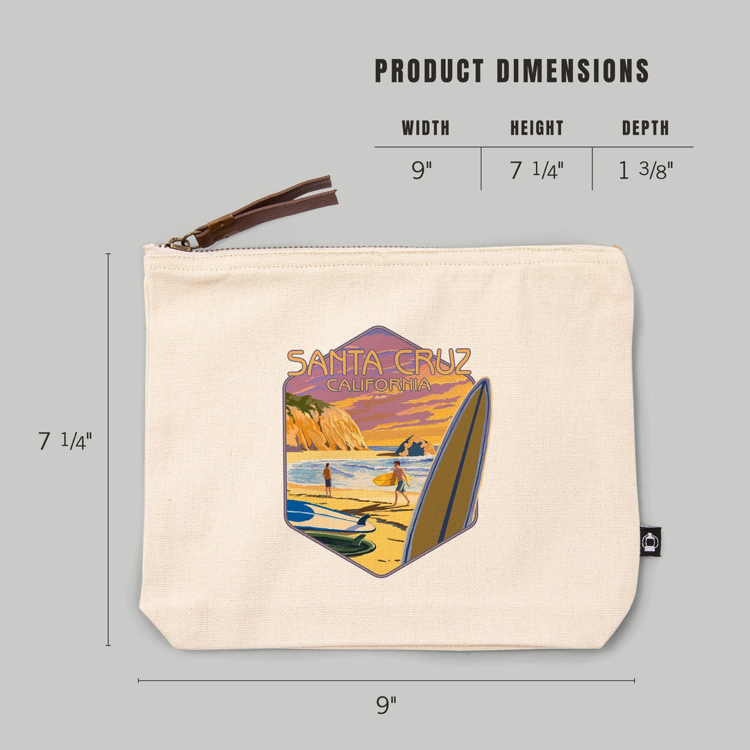 Santa Cruz, California, Surfers at Sunset,, Organic Cotton Zipper Pouch, Go Bag Go Bag Lantern Press 