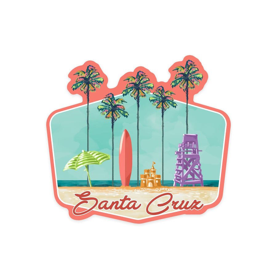 Santa Cruz, California, Tall Palms Beach Scene, Contour, Vinyl Sticker Sticker Lantern Press 