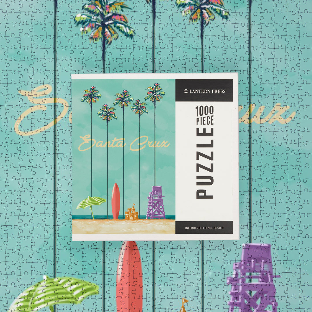 Santa Cruz, California, Tall Palms Beach Scene, Jigsaw Puzzle Puzzle Lantern Press 
