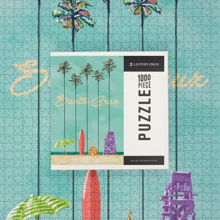 Santa Cruz, California, Tall Palms Beach Scene, Jigsaw Puzzle Puzzle Lantern Press 