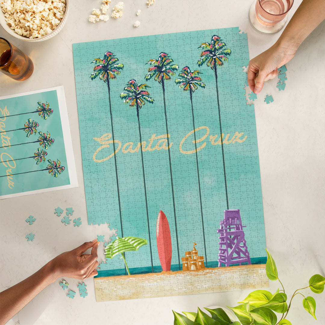 Santa Cruz, California, Tall Palms Beach Scene, Jigsaw Puzzle Puzzle Lantern Press 