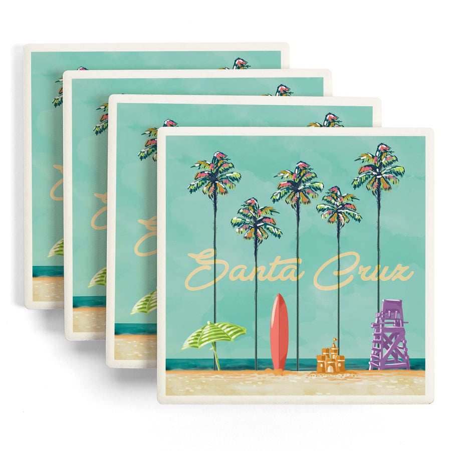 Santa Cruz, California, Tall Palms Beach Scene, Lantern Press Artwork, Coaster Set Coasters Lantern Press 