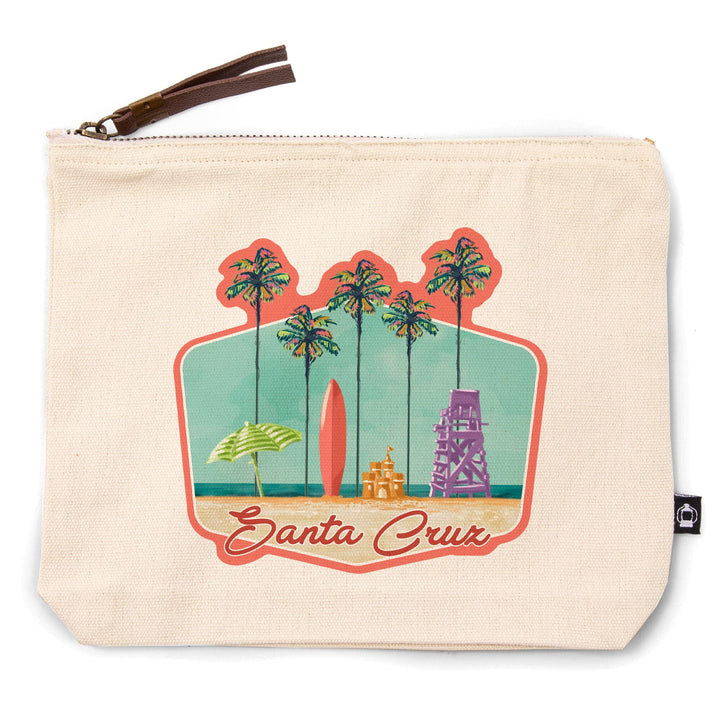 Santa Cruz, California, Tall Palms Beach Scene,, Organic Cotton Zipper Pouch, Go Bag Go Bag Lantern Press 