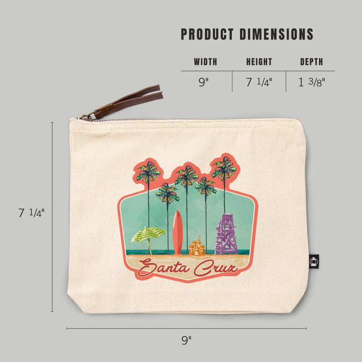 Santa Cruz, California, Tall Palms Beach Scene,, Organic Cotton Zipper Pouch, Go Bag Go Bag Lantern Press 