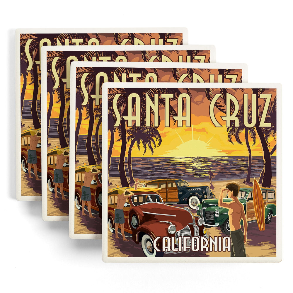 Santa Cruz, California, Vintage Woodies on the Beach, Coasters Coasters Lantern Press 