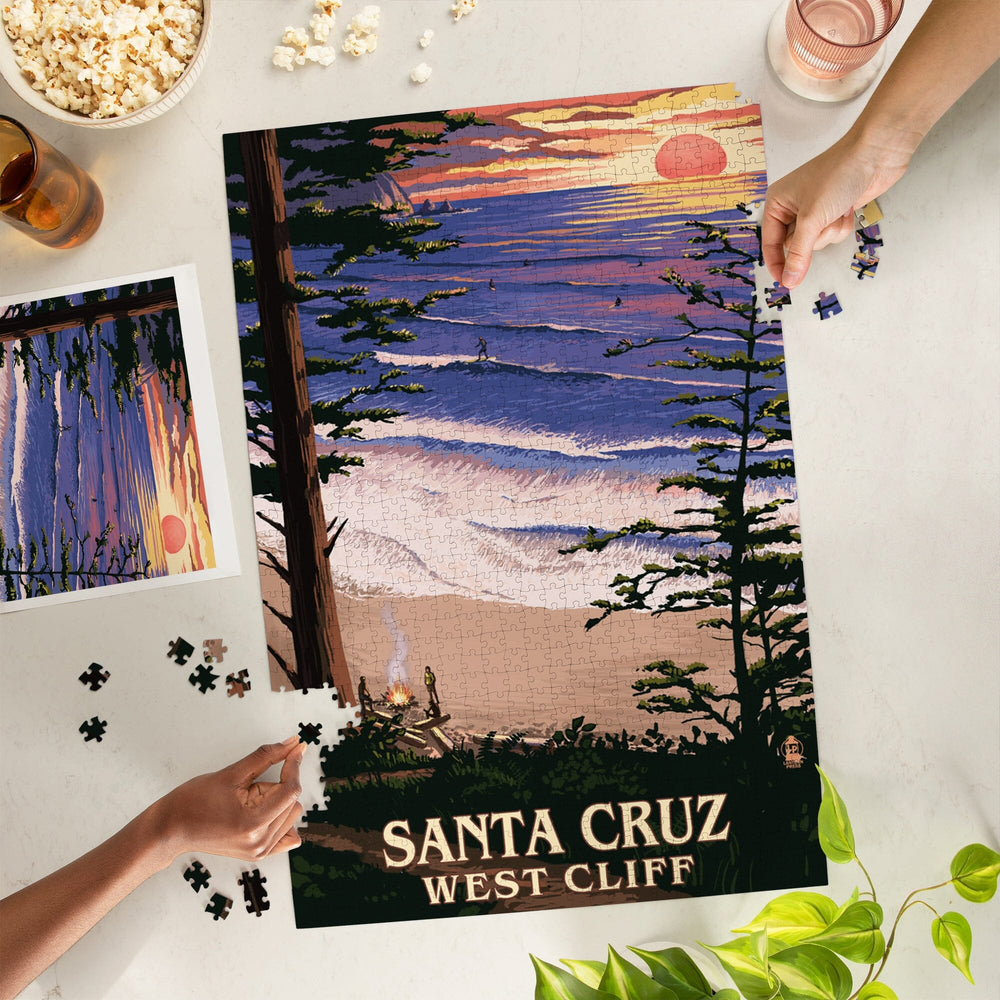 Santa Cruz, California, West Cliff Sunset and Surfers, Jigsaw Puzzle Puzzle Lantern Press 