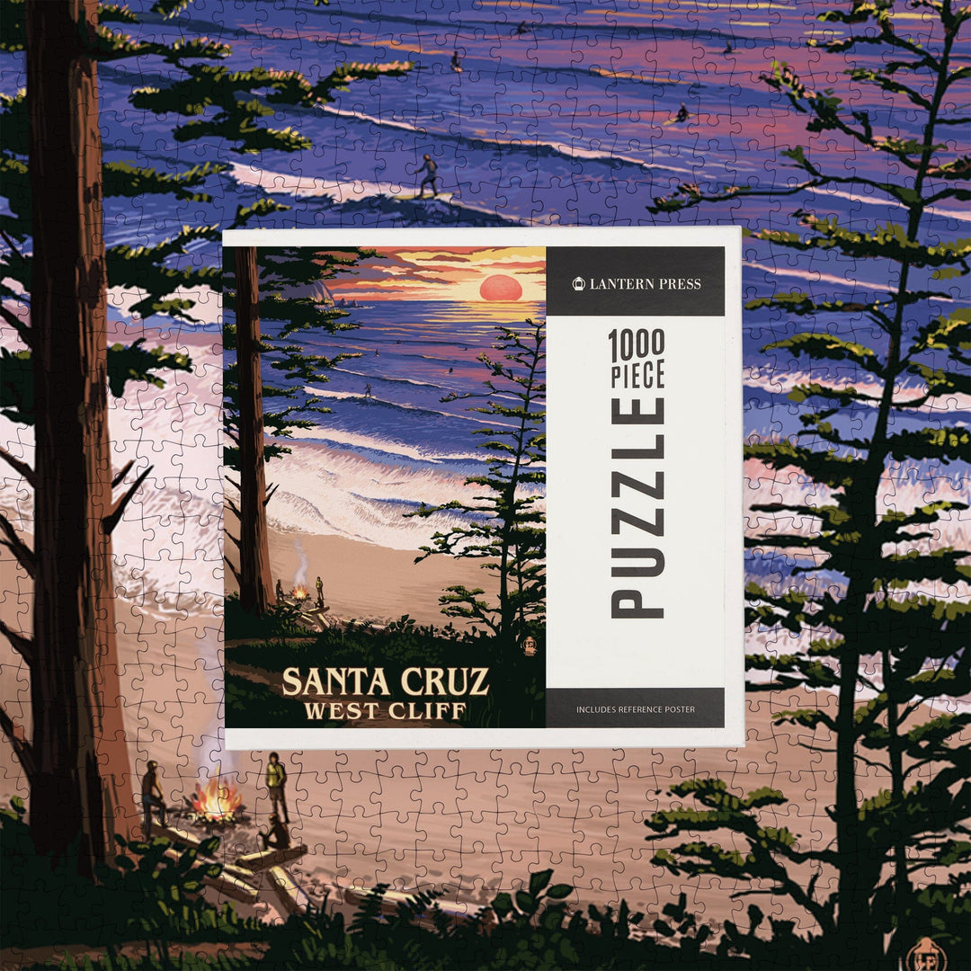 Santa Cruz, California, West Cliff Sunset and Surfers, Jigsaw Puzzle Puzzle Lantern Press 