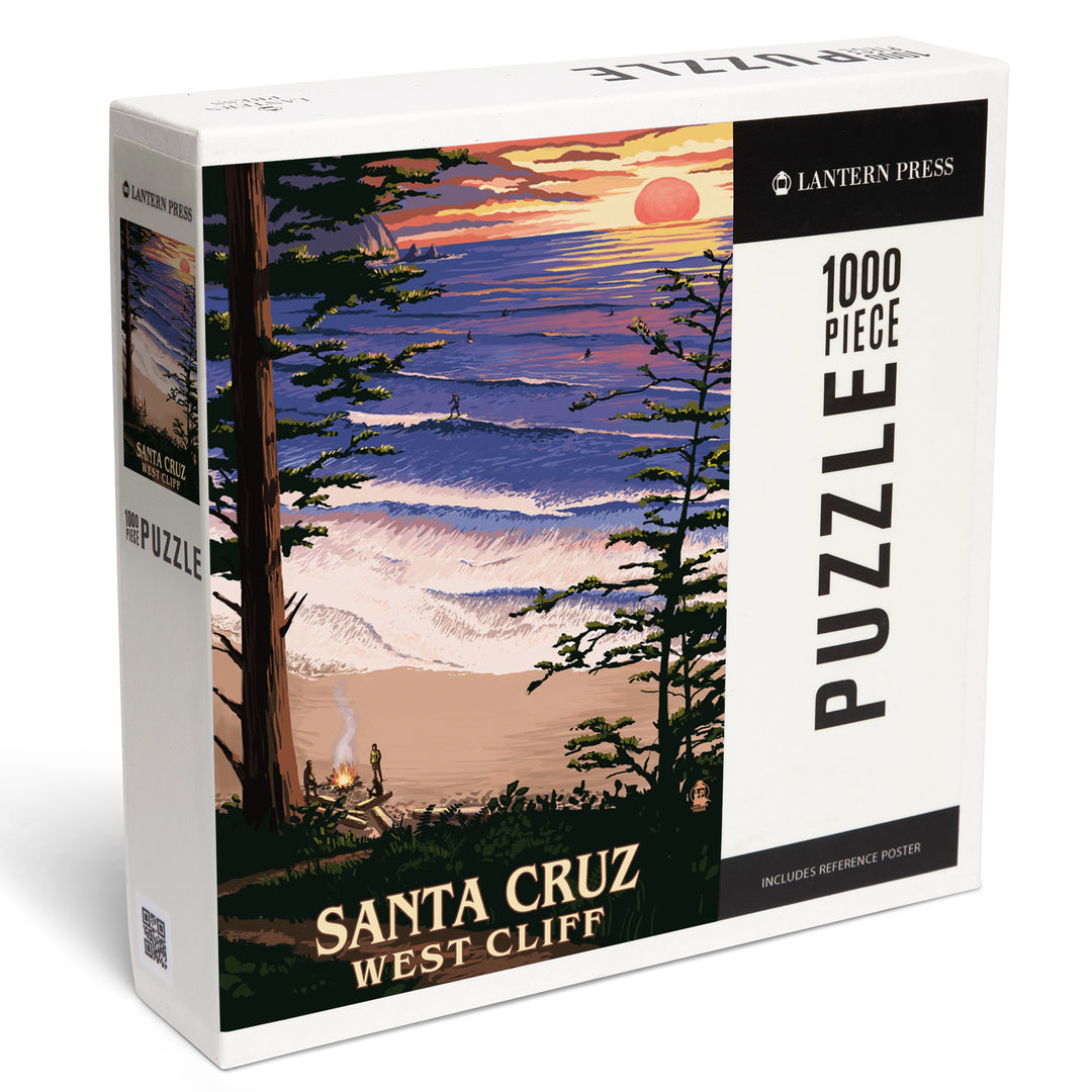 Santa Cruz, California, West Cliff Sunset and Surfers, Jigsaw Puzzle Puzzle Lantern Press 