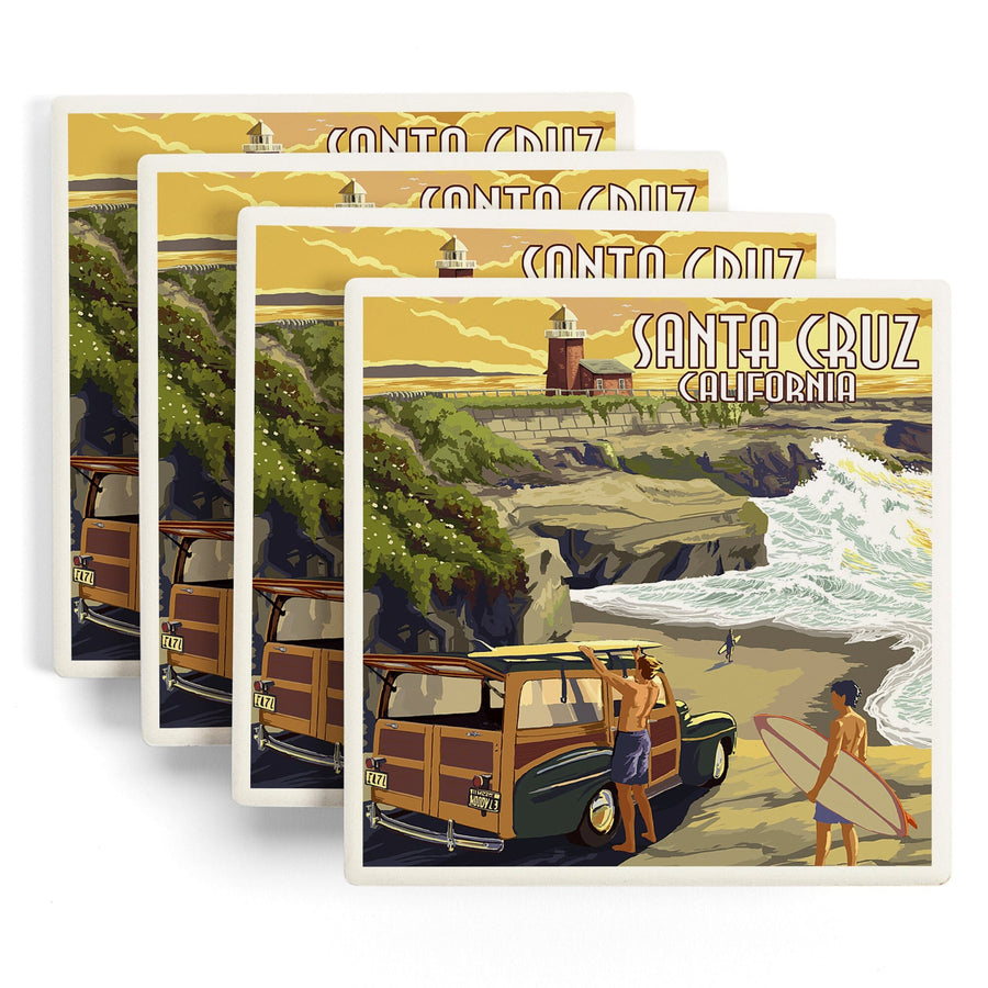 Santa Cruz, California, Woody and Lighthouse, Lantern Press Artwork, Coaster Set Coasters Lantern Press 