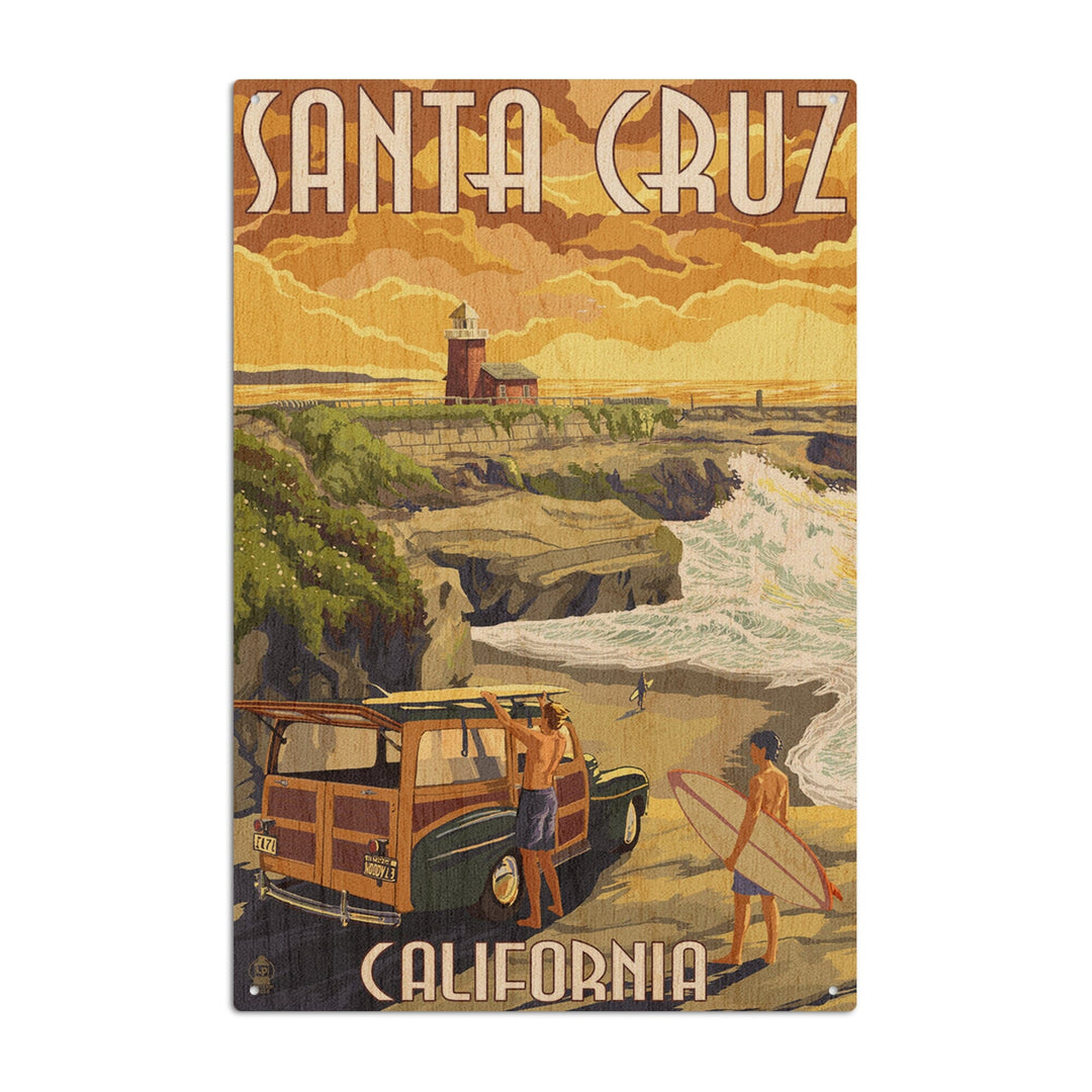 Santa Cruz, California, Woody and Lighthouse, Lantern Press Artwork, Wood Signs and Postcards Wood Lantern Press 10 x 15 Wood Sign 