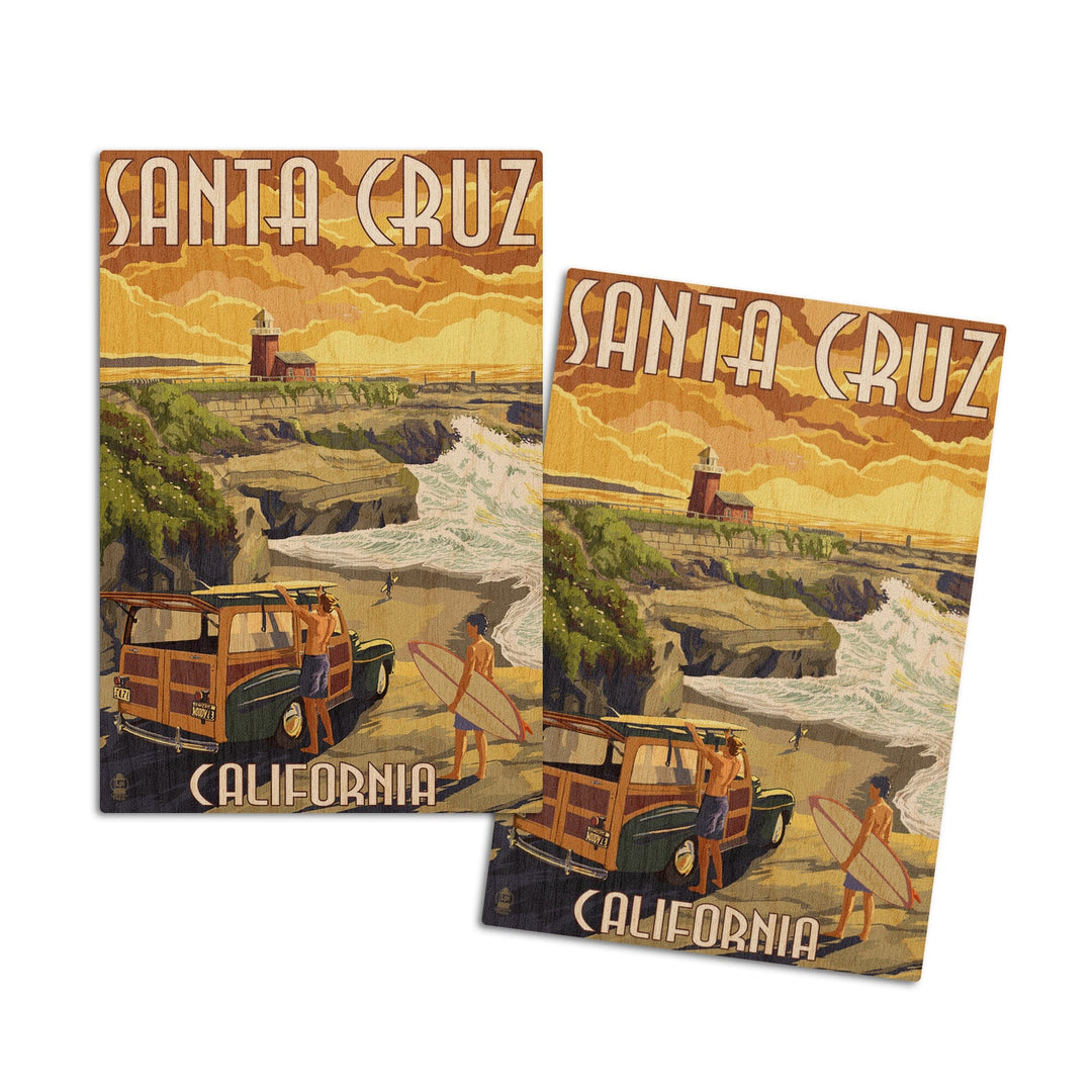 Santa Cruz, California, Woody and Lighthouse, Lantern Press Artwork, Wood Signs and Postcards Wood Lantern Press 4x6 Wood Postcard Set 
