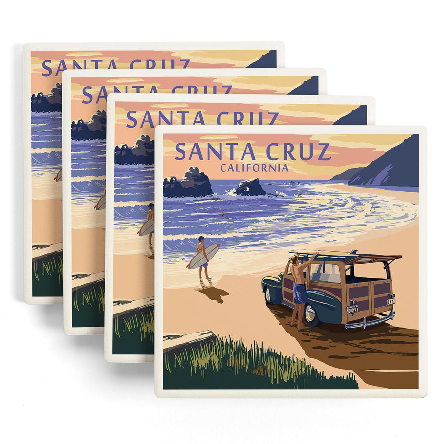 Santa Cruz, California, Woody on Beach, Lantern Press Artwork, Coaster Set Coasters Lantern Press 