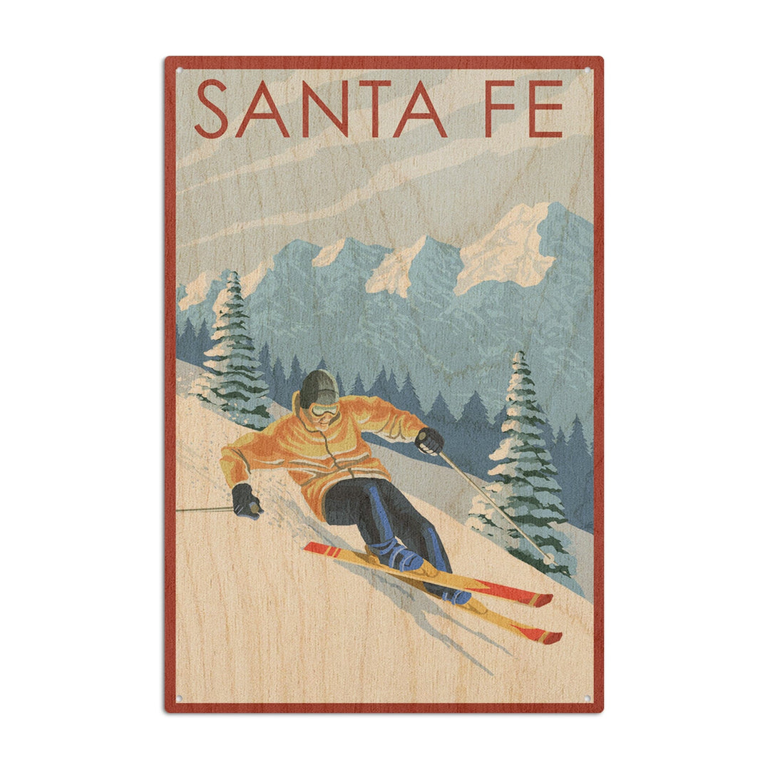 Santa Fe, New Mexico, Downhill Skier, Lantern Press Artwork, Wood Signs and Postcards Wood Lantern Press 10 x 15 Wood Sign 
