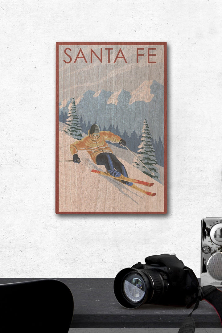 Santa Fe, New Mexico, Downhill Skier, Lantern Press Artwork, Wood Signs and Postcards Wood Lantern Press 12 x 18 Wood Gallery Print 