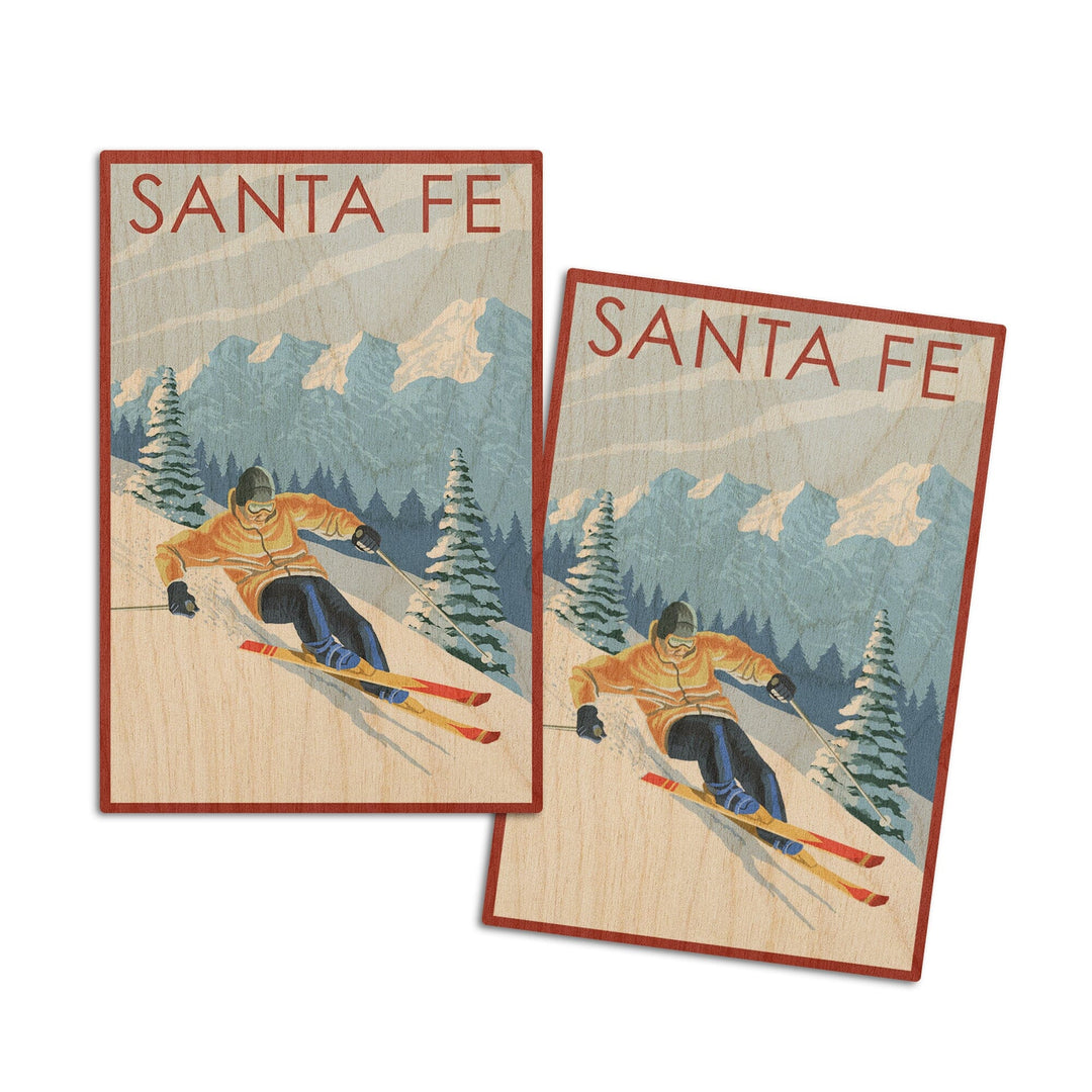 Santa Fe, New Mexico, Downhill Skier, Lantern Press Artwork, Wood Signs and Postcards Wood Lantern Press 4x6 Wood Postcard Set 