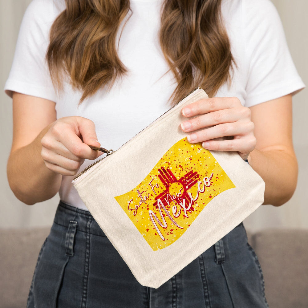 Santa Fe, New Mexico, New Mexico State Flag, Abstract Watercolor Splatter,, Organic Cotton Zipper Pouch, Go Bag Go Bag Lantern Press 