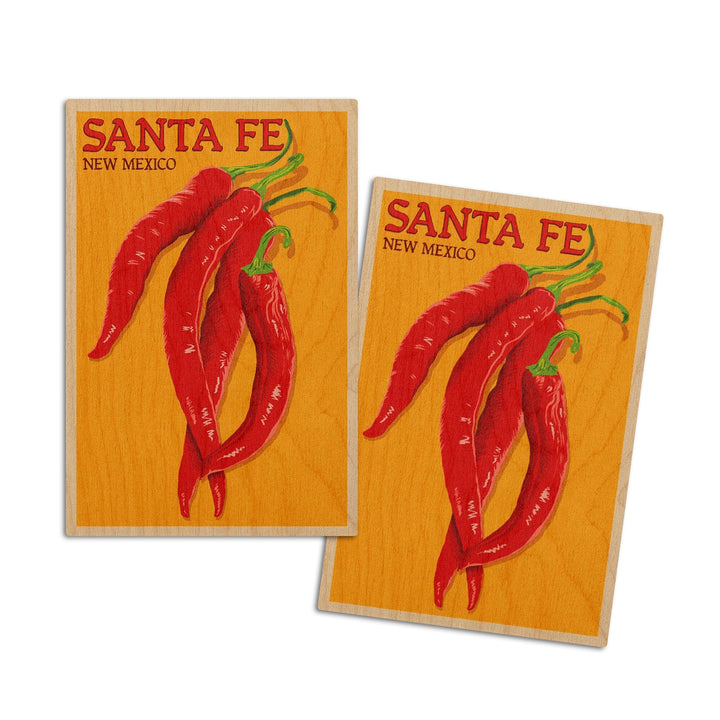 Santa Fe, New Mexico, Red Chiles, Letterpress, Lantern Press Artwork, Wood Signs and Postcards Wood Lantern Press 4x6 Wood Postcard Set 