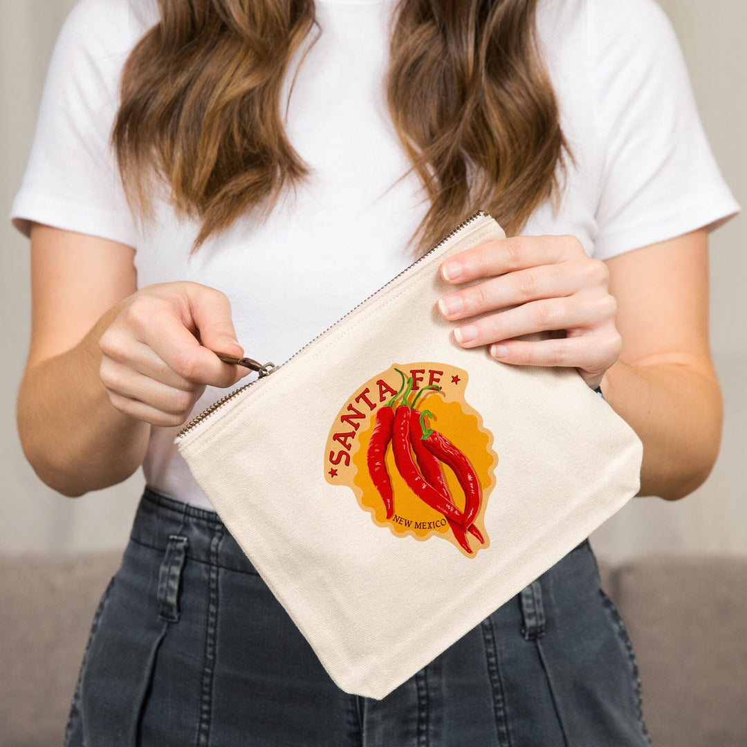 Santa Fe, New Mexico, Red Chiles, Letterpress,, Organic Cotton Zipper Pouch, Go Bag Go Bag Lantern Press 