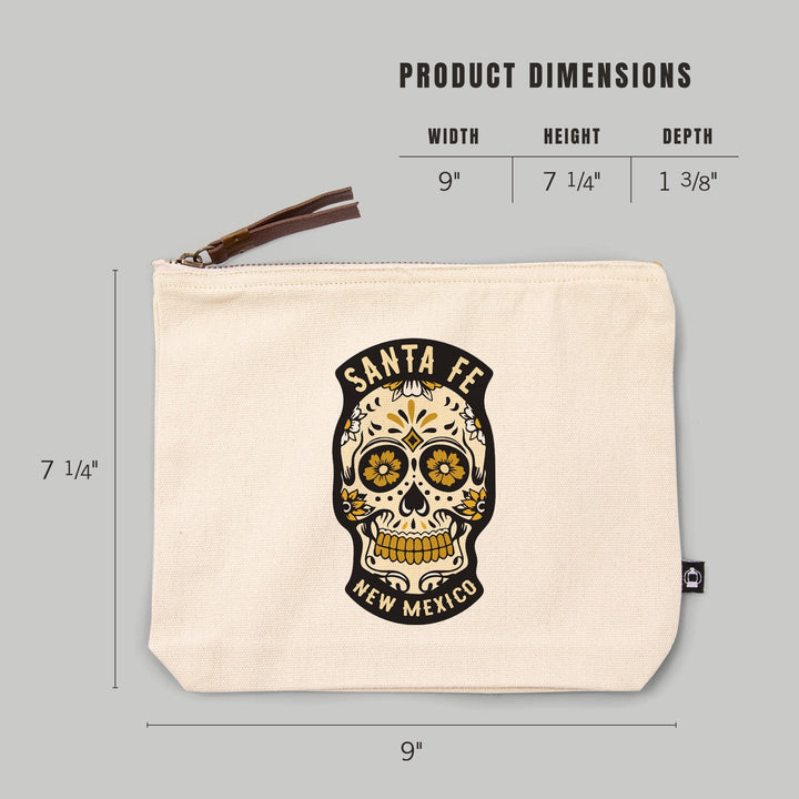 Santa Fe, New Mexico, Sugar Skull and Flower Pattern (Black and Gold),, Organic Cotton Zipper Pouch, Go Bag Go Bag Lantern Press 
